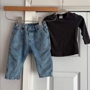 H&M 4-6m baby bundle Denim Jeans and Organic Cotton Grey Long Sleeve Shirt Set